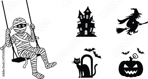 Halloween silhouettes, haunted house, witch flying, mummy swing, black cat, jack o lantern, spooky bats, tombstone design, vector illustration