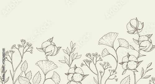 Autumn background or card template with seasonal brunch of plants and fall leaves. Delicate and elegant botanical elements for Hello autumn designs