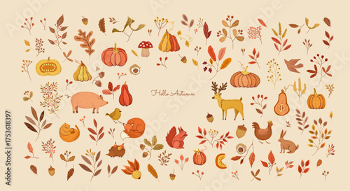Autumn collection of cute colorful pumpkins and botanical elements, farm and forest animals, fall leaves from different trees. Cozy seasonal design elements