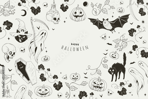 Happy halloween background or card template with hand drawn doodle and stickers of spooky and magic elements pumpkins and skull