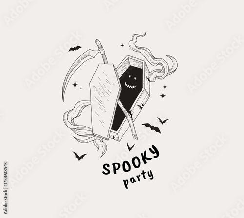 Happy Halloween illustration coffin with scythe. Hand drawn doodle or sticker composition