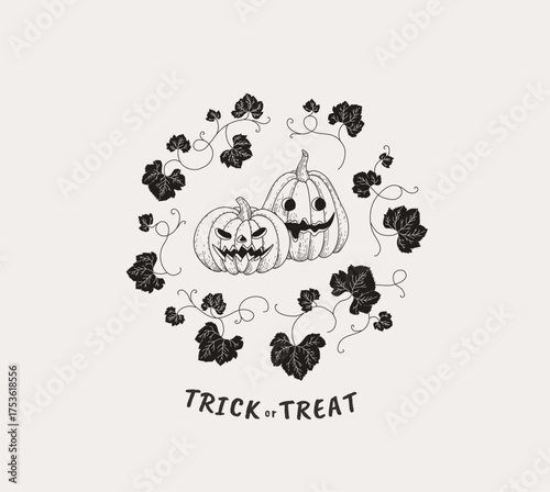 Happy Halloween illustration pumpkins with leaves. Hand drawn doodle or sticker composition