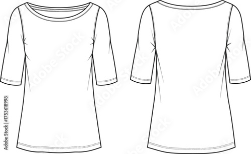 Women’s fashion flat sketch, technical drawing top, round neck blouse, elbow sleeve shirt, apparel design template, clothing vector illustration, garment outline