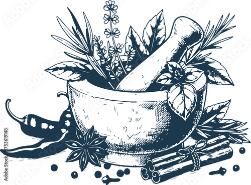 Vector art of mortar and pestle filled with fresh herbs and spices, including chili, star anise, cinnamon, and peppercorns