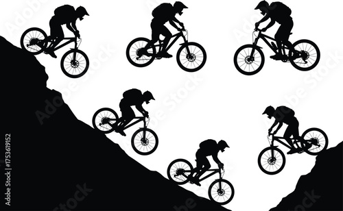 Mountain biking silhouettes, downhill sport, rugged terrain, cycling action, outdoor adventure, rider motion, extreme training, slope descent, dynamic movement, recreation sceneMountain biking 