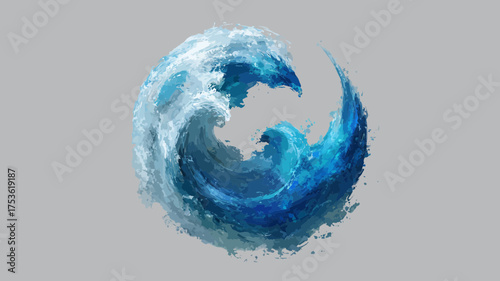 Abstract digital art of a dynamic circular water wave with splashing foam in various shades of blue against a clean background.