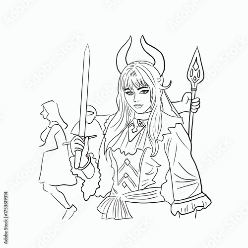 Majestic Fantasy Warrior Princess Holding a Gleaming Sword and a Mystical Spear in an Epic Medieval Adventure Scene