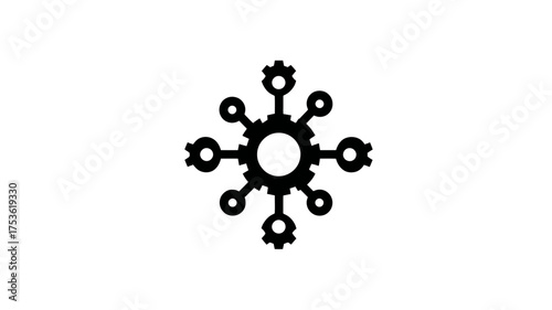 Interconnected gear system network icon, representing technology, engineering, settings, processes, and digital workflow integration.