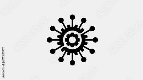 Digital network icon with central gear and radiating nodes, symbolizing technology, automation, data connectivity, and system integration.