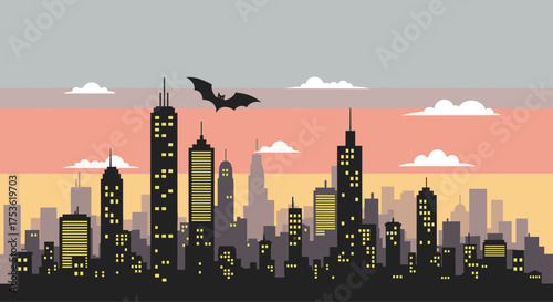 Eerie cityscape under pastel skies with a bat flying overhead evoking spooky Halloween vibes perfect for seasonal designs and themed projects now