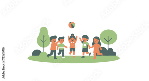 A group of children playing outdoors with a ball, completely device-free