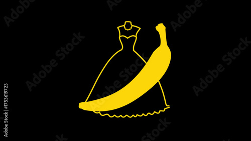 Minimalist yellow outline illustration of an elegant gown and a banana on a stark black background, a conceptual design.
