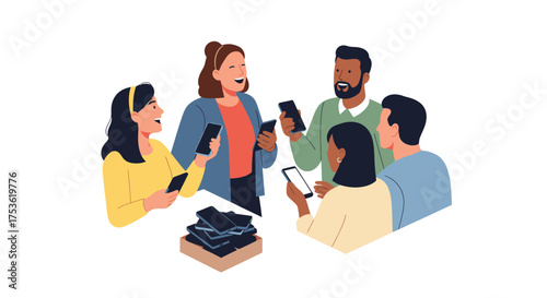 A group of friends laughing while talking, all their phones stacked in a box