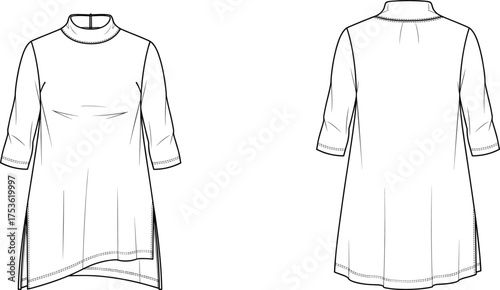 Women’s tunic top fashion illustration, technical flat sketch, front and back view, asymmetrical hemline, elbow sleeve, pleated back, casual wear