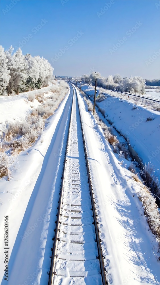 Obraz premium Perspective view of railroad tracks leading through a snow-covered landscape