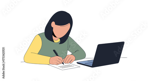 A person writing a letter with pen and paper, a laptop closed on the table