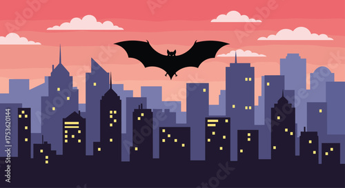Spooky Halloween night with bat flying over cityscape at dusk creating mysterious and fun holiday vibe for seasonal designs, perfect for festive campaigns