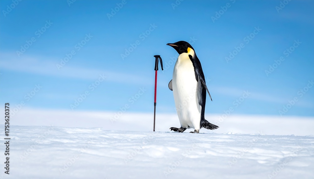 Fototapeta premium A regal penguin stands erect on pristine snow, holding a trekking pole. The sky is clear and blue. The scene conveys cold, icy, arctic conditions