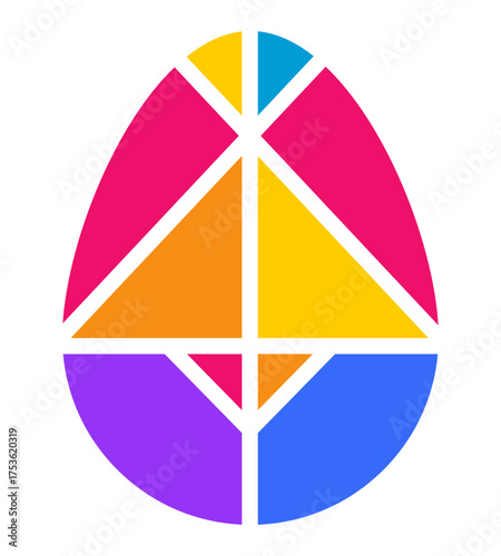 Brightly colored tangram pieces form a geometric egg, showcasing creativity and puzzle-solving.