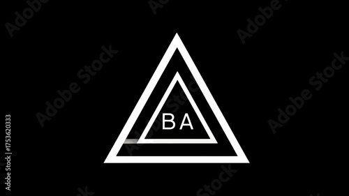 Minimalist geometric design featuring white nested triangles with 'BA' initials on a sleek black background, abstract concept.