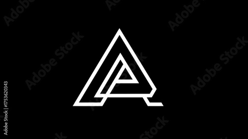 Stylized geometric letter A symbol in white lines on black background, abstract modern typography initial design element