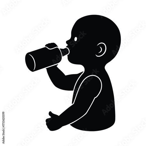 Baby Drinking Milk Bottle Silhouette Isolated on White Background