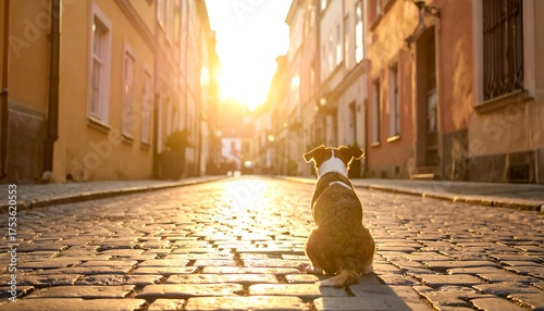 Fototapeta Naklejka Na Ścianę i Meble -  A small dog sits on cobblestone, its back to the camera, gazing down a sunlit European street lined with old buildings. The sunlight creates a warm glow