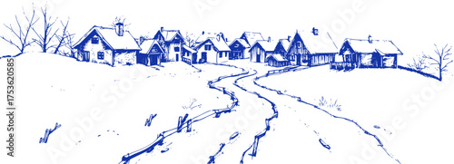 Winter Village: A Blue Sketch Landscape
