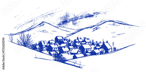 Remote Village, Mountain Silhouette Sketch
