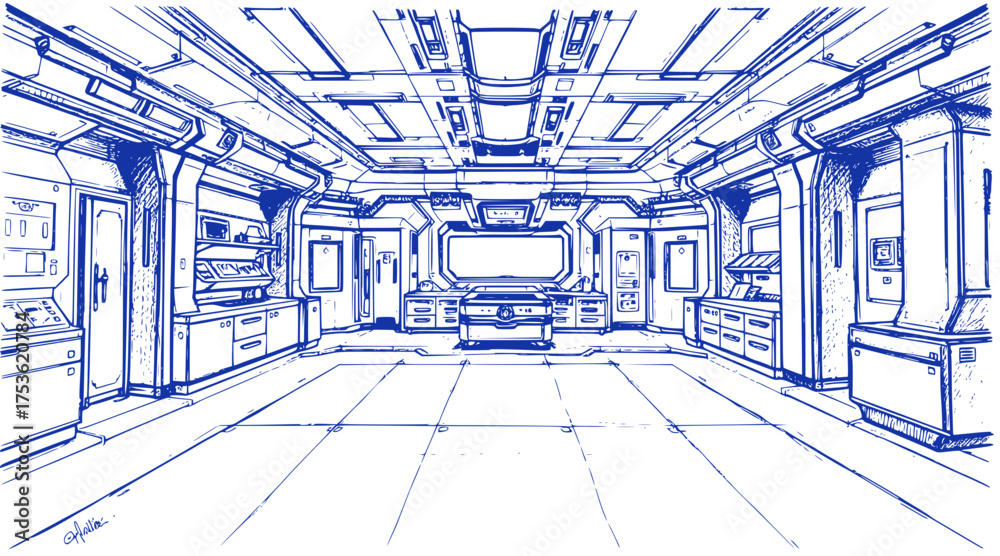 Fototapeta premium Futuristic Space Station Interior Design Sketch