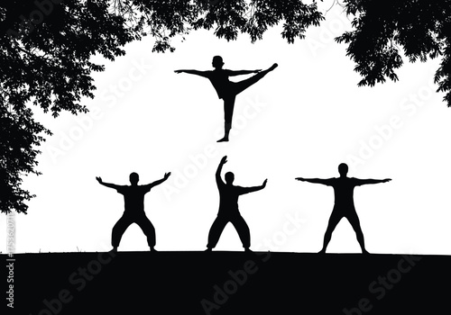 Silhouette people, martial arts pose, dance movement, acrobatic jump, outdoor exercise, tree background, fitness activity, expressive posture, recreation scene, dynamic motion
