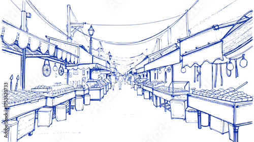 Traditional Market Streetscape: A Blue Sketch