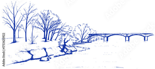 Winter Landscape: Bridge and Bare Trees