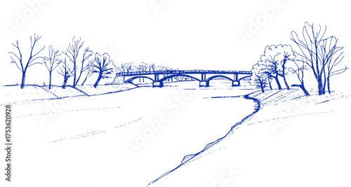 River Bridge Sketch - Winter Landscape