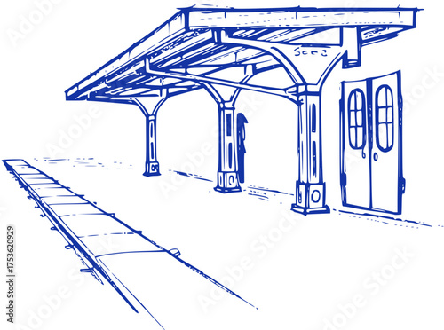 Vintage Train Station Sketch, Blue Ink