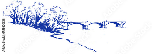 Blue Bridge Over River Landscape Sketch