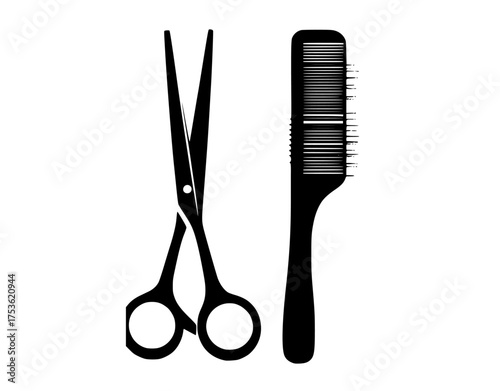 a pair of scissors and a comb on a transparent backgroundblack, brush, comb, hair, profile, scissors, shear, tool 