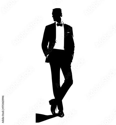 a silhouette of a man in a formal tuxedo standing with his hands in his pocketsblack, bow tie, business suit, cocktail dress, dress, man, profile, stand, suit, walk, wear 