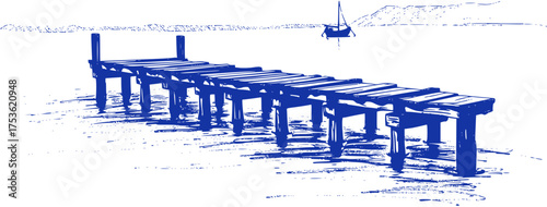 Coastal Pier, Tranquil Blue Landscape