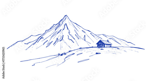Mountain Cabin in Blue Sketch Illustration