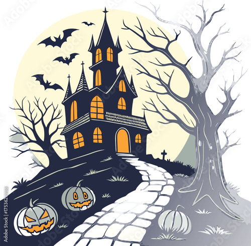 Spooky haunted mansion on a hill with bats and pumpkins vector