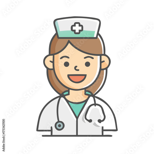Smiling female nurse with stethoscope wearing white uniform and cap, representing healthcare profession, conveying compassion and dedication in medical environment