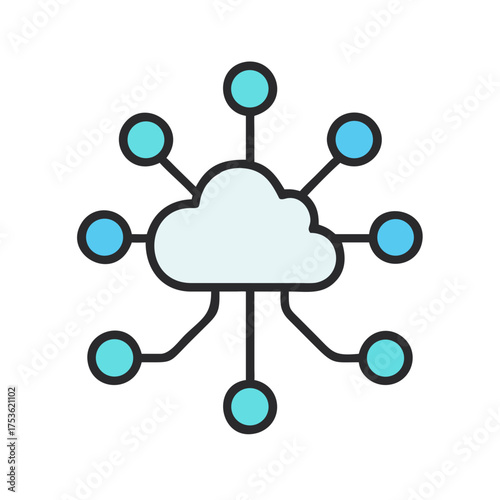 Cloud computing illustration with interconnected nodes and blue accents, representing data flow and digital networking in a modern technological environment