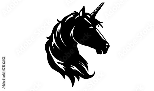 a black and white silhouette of a unicorn head with a long mane and a single hornanimal, black, head, horse, illustration, image, logo, mane, profile, trumpet, unicorn 