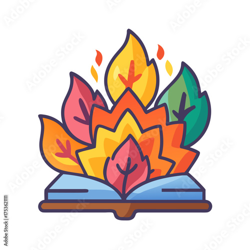 Colorful autumn leaves bursting from an open book, symbolizing knowledge and nature's beauty, with vibrant hues of red, orange, yellow, and green creating a lively scene