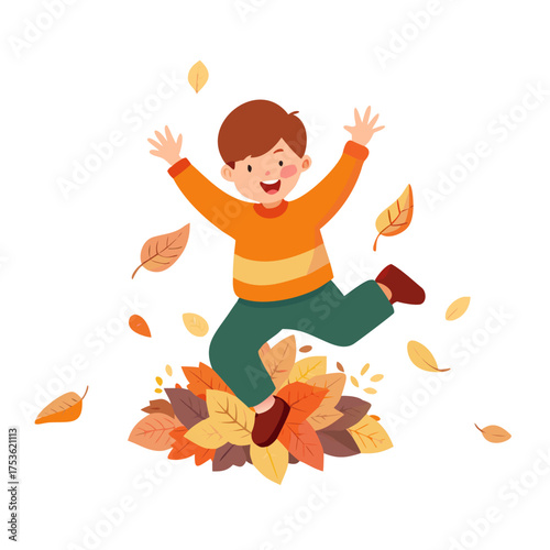 Young boy with brown hair joyfully jumping into a pile of colorful autumn leaves, surrounded by falling leaves, capturing the essence of playful childhood moments in nature