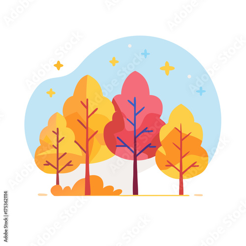 Colorful autumn trees in a whimsical illustration, showcasing vibrant foliage with shades of orange, yellow, and pink against a soft blue background, creating a cheerful seasonal atmosphere