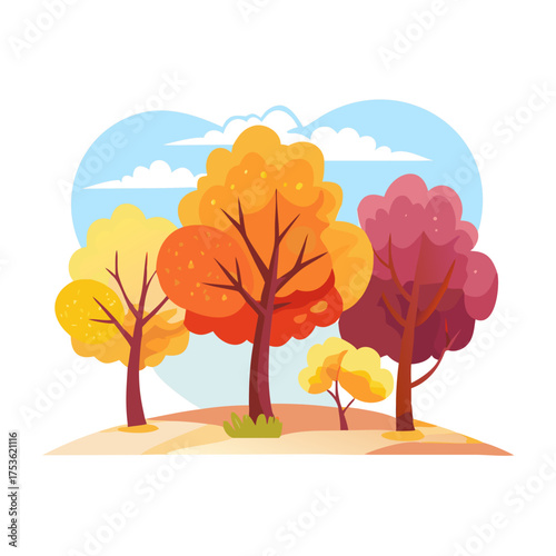 Colorful autumn trees with vibrant leaves in shades of orange, yellow, and red, set against a soft blue sky with fluffy clouds, creating a serene nature scene