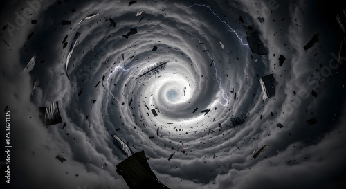Debris swirls violently within a dark, stormy vortex with lightning strikes.