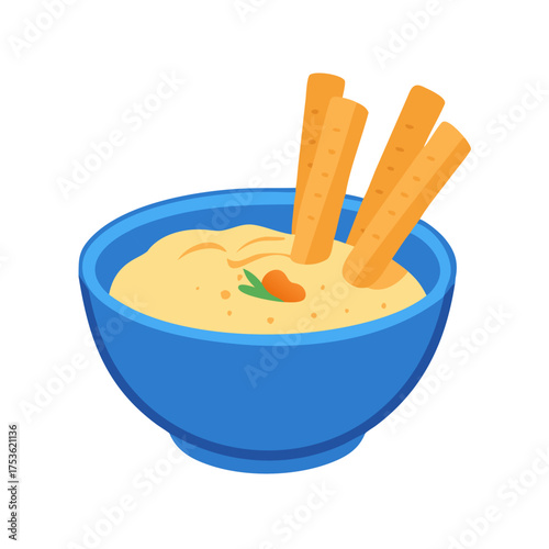 Colorful bowl of creamy hummus topped with a small carrot piece and crispy breadsticks, showcasing a delicious and healthy snack option for any occasion